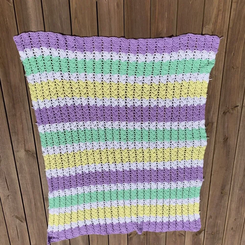 Afghan Blanket Knit Handmade Crochet Baby Throw Vintage 45” x 57” Pastel Colors